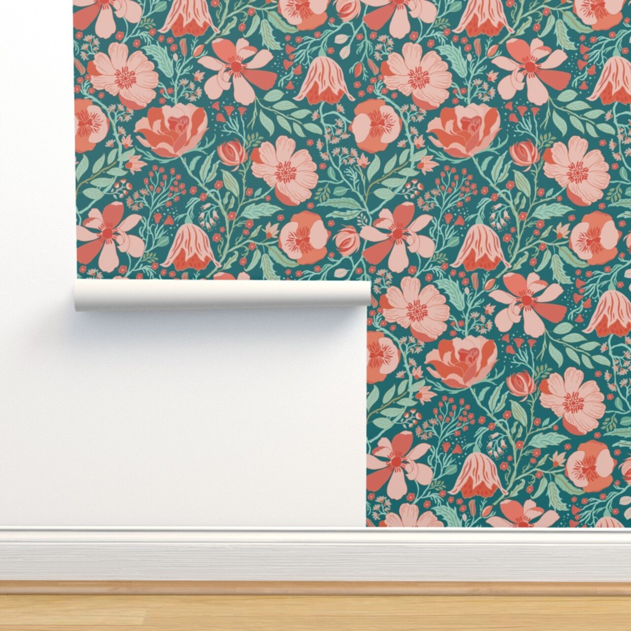 Coral Chintz Blue Green Pink Jumbo Scale Magnolia Flower Botanical Garden Custom Removable Wallpaper by Spoonflower Peel & Stick Wallpaper 2FT Wide